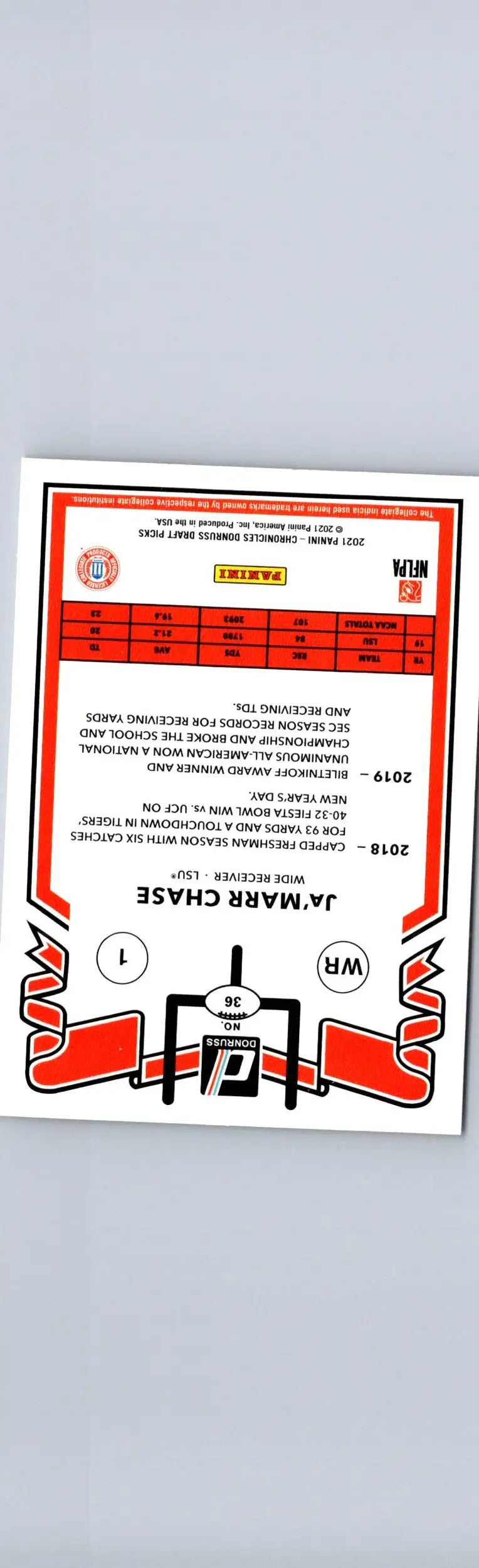 Football trading card of JaMarr Chase from Panini Chronicles Draft Picks 2021
