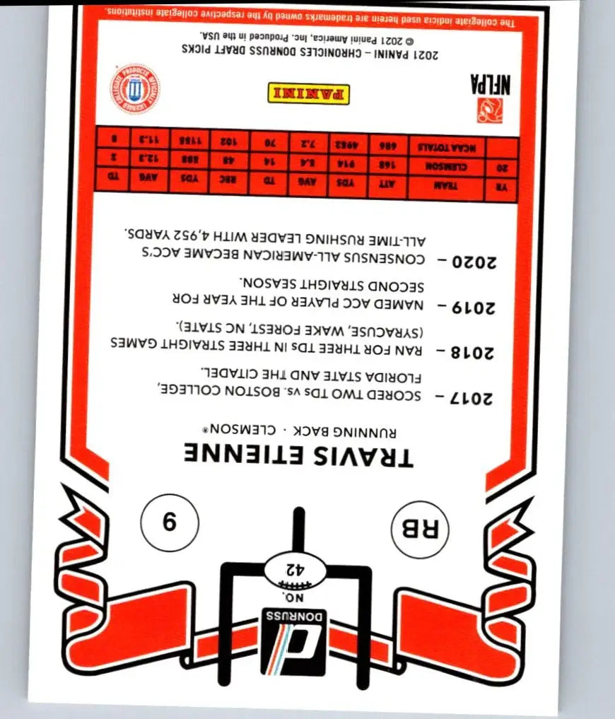 Back of a Travis Etienne football trading card from 2021 Panini Chronicles Draft Picks