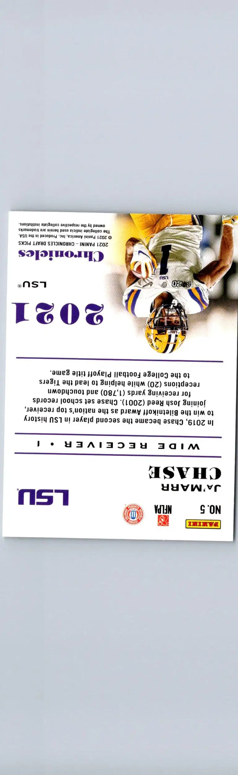 Football trading card featuring LSU player Ja’Marr Chase from Panini Chronicles Draft Picks
