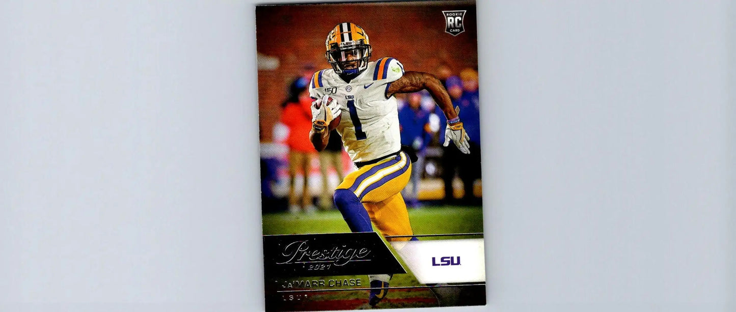 Football trading card of LSU player Ja’Marr Chase from 2021 Panini Chronicles Draft Picks