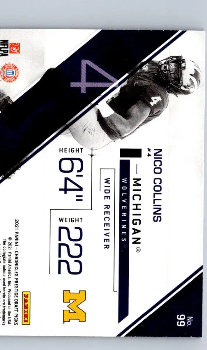 Nico Collins football trading card from Panini Chronicles Draft Picks, Michigan Wolverines wide receiver, 6’4’’ 222 lbs