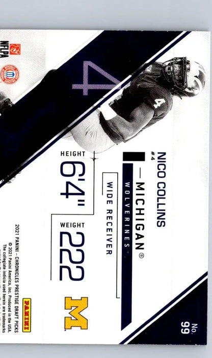 Nico Collins football trading card from Panini Chronicles Draft Picks, Michigan Wolverines wide receiver, 6’4’’ 222 lbs