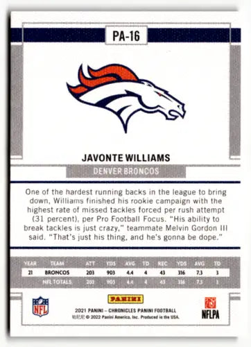 Javonte Williams football card from Chronicles Panini Pink features original gloss design