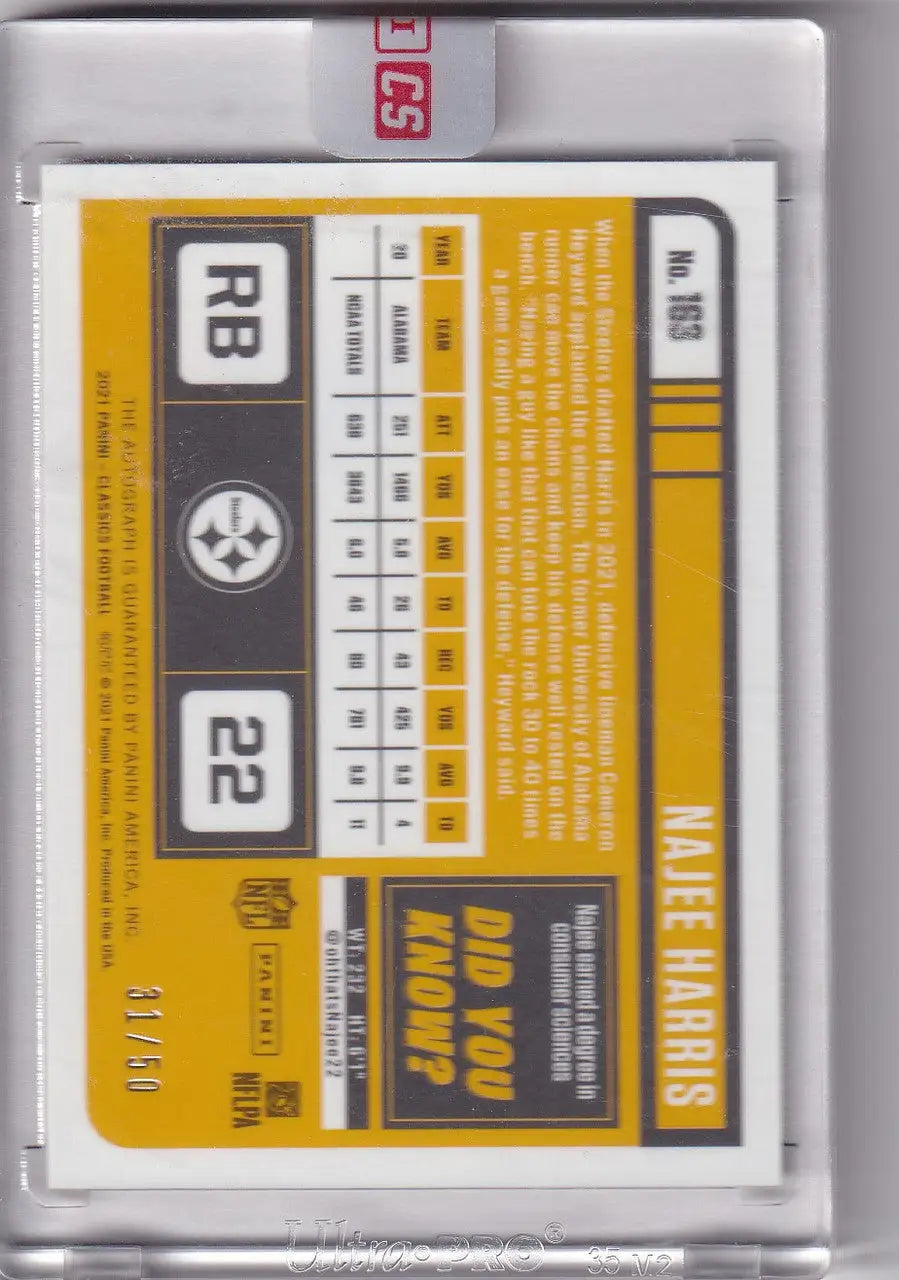 Graded Najee Harris football trading card from Panini Classic Auto series, 2021 Steelers
