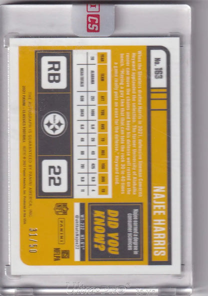 Graded Najee Harris football trading card from Panini Classic Auto series, 2021 Steelers
