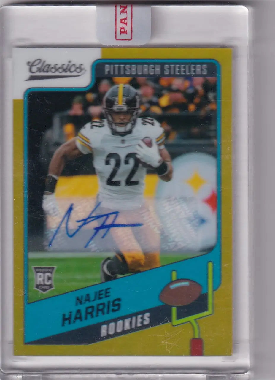Autographed Najee Harris football rookie card in protective case from Panini Classic Auto series