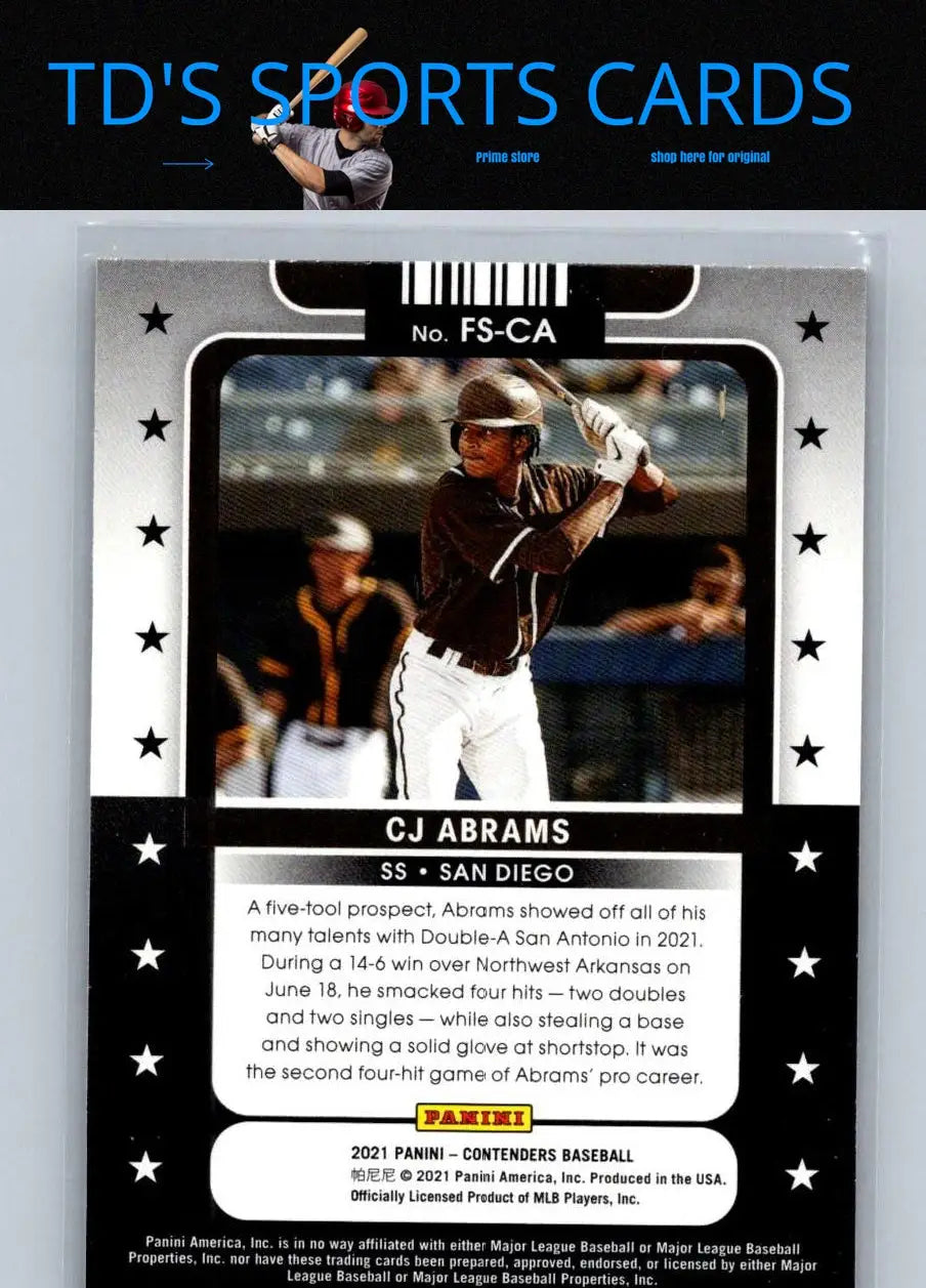 Baseball card featuring CJ Abrams Future Stars from 2021 Panini Contenders series