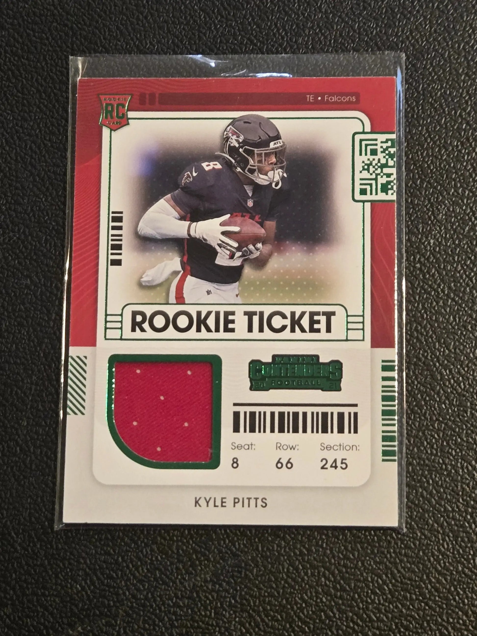 Kyle Pitts rookie football trading card with red jersey patch from 2021 Panini Contenders