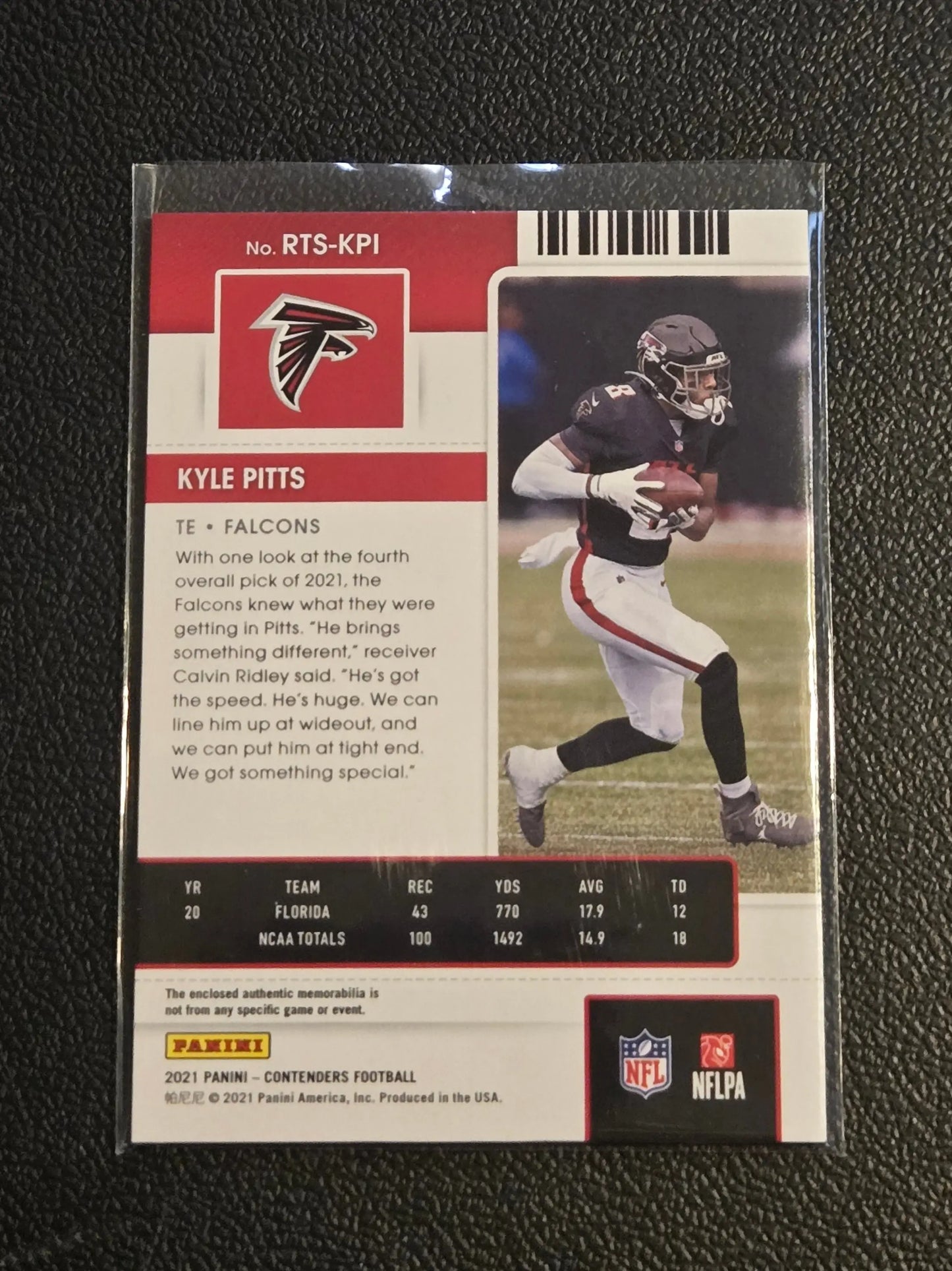 2021 Panini Contenders Kyle Pitts Rookie Ticket Swatches football trading card featuring Atlanta Falcons player