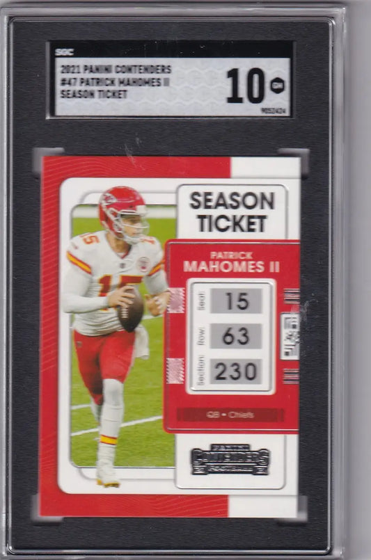 Graded Patrick Mahomes SGC 10 football card from 2021 Panini Contenders Ticket, Kansas City Chiefs