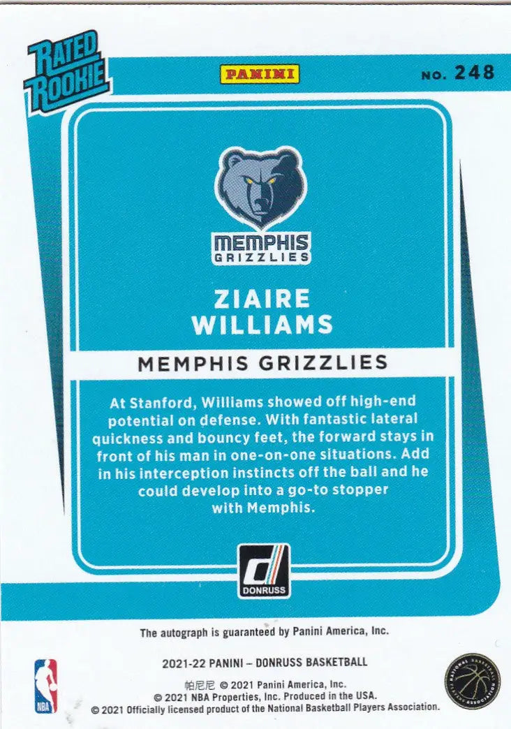 2021 PANINI DONRUSS #248 ZIAIRE WILLIAMS AUTO- MEMPHIS GRIZZLIES
