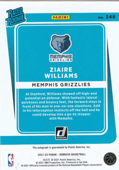 2021 PANINI DONRUSS #248 ZIAIRE WILLIAMS AUTO- MEMPHIS GRIZZLIES
