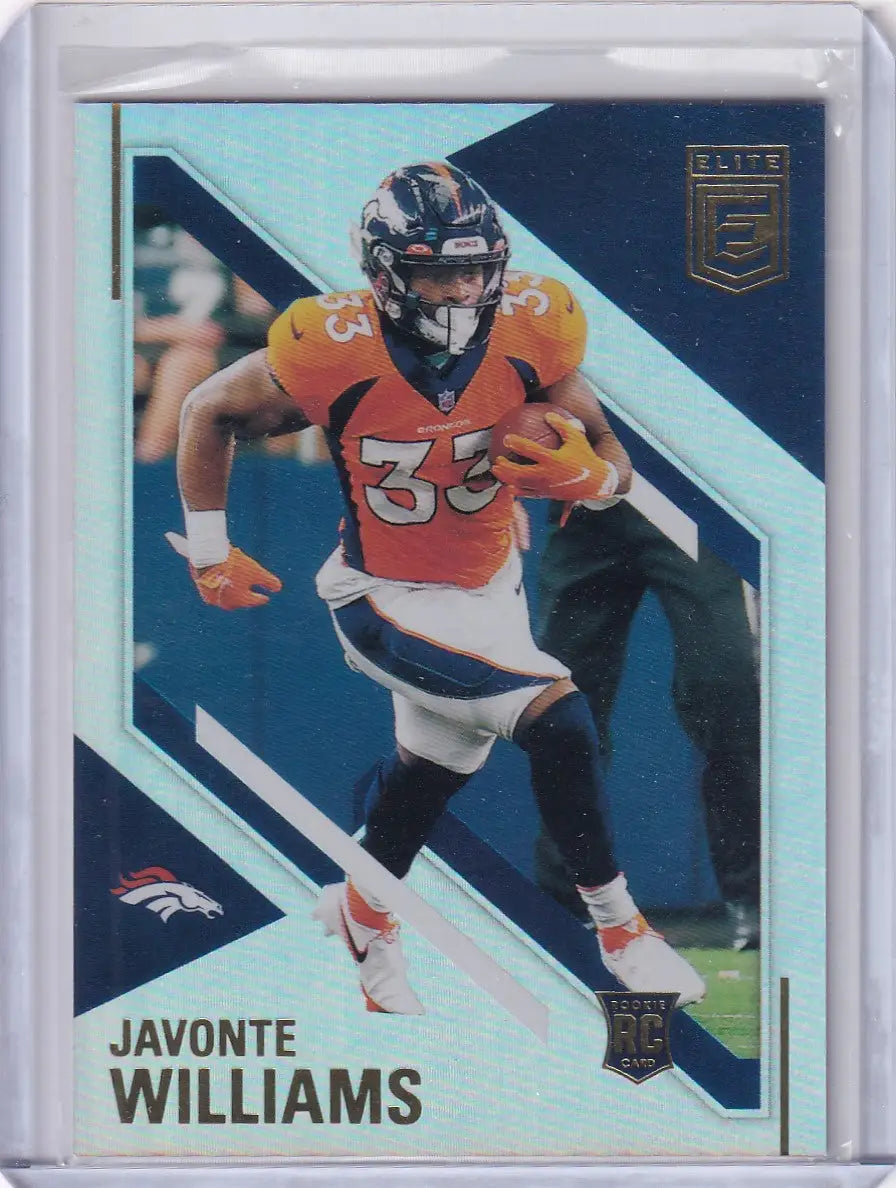 Javonte Williams 2021 Panini Donruss Elite rookie football card displayed in 2021 Panini Donruss product