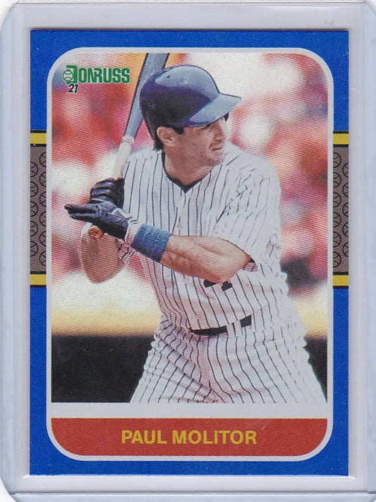 Baseball card featuring Paul Molitor in New York Yankees pinstripe uniform, Donruss Holo Blue