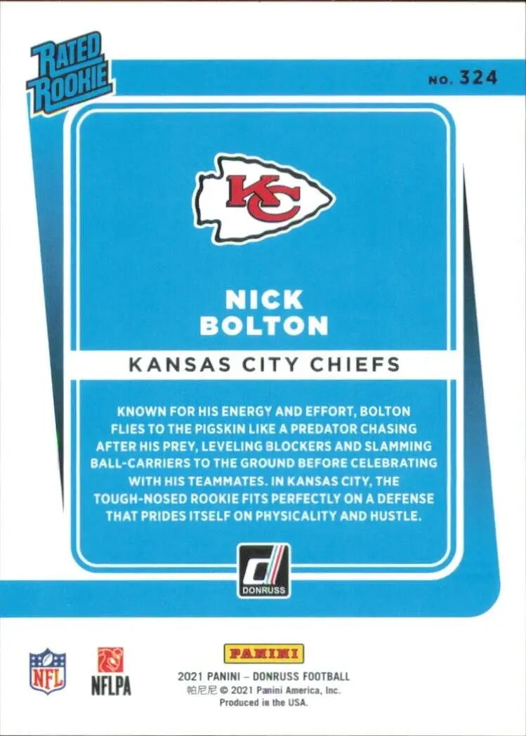 Nick Bolton football card from 2021 Panini Donruss Season Stat Line Rated Rookie /500