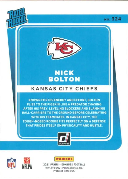 Nick Bolton football card from 2021 Panini Donruss Season Stat Line Rated Rookie /500