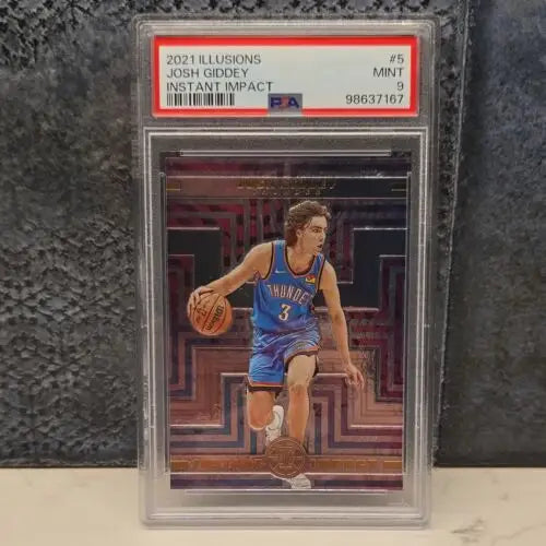 Graded Josh Giddey basketball card Panini Illusions Instant Impact PSA 9 display