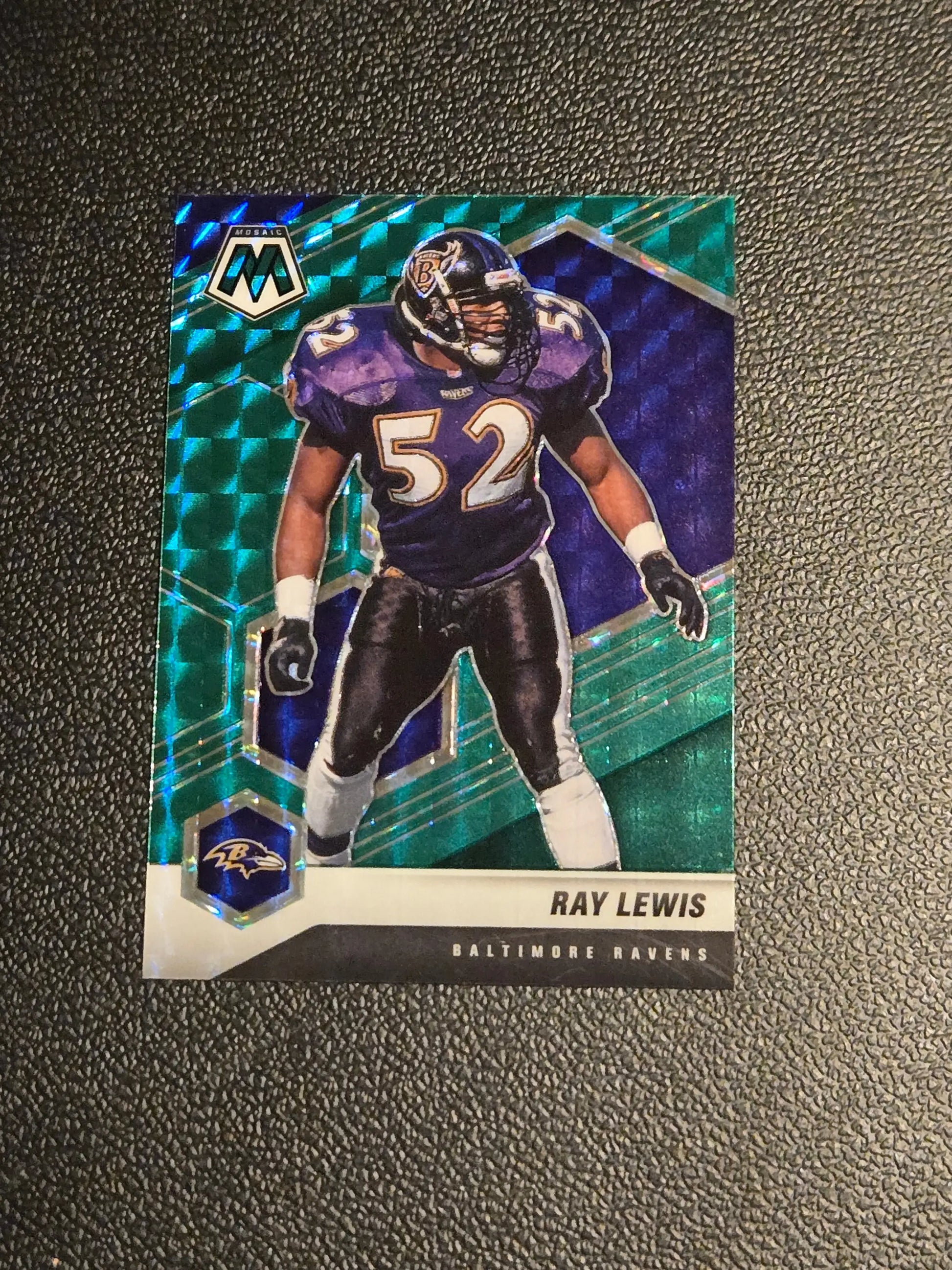 Ray Lewis Prizm Green football card from Panini Mosaic 2021 featuring Baltimore Ravens