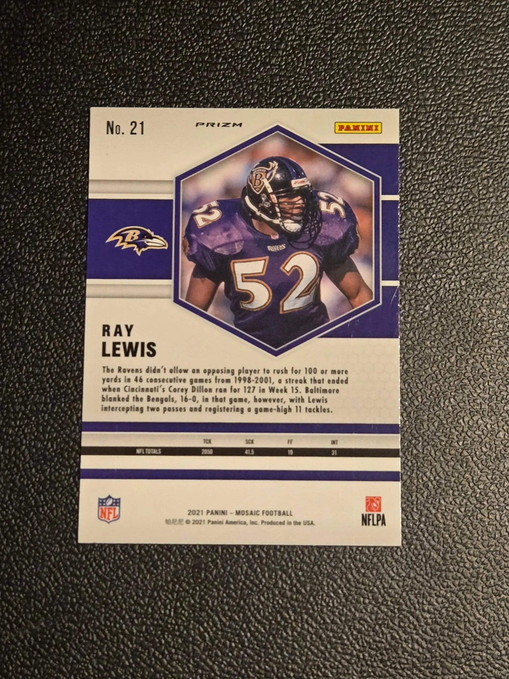Ray Lewis Prizm Green football trading card from Panini Mosaic 2021 series