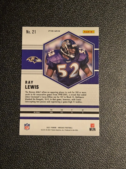 Ray Lewis Prizm Green football trading card from Panini Mosaic 2021 series