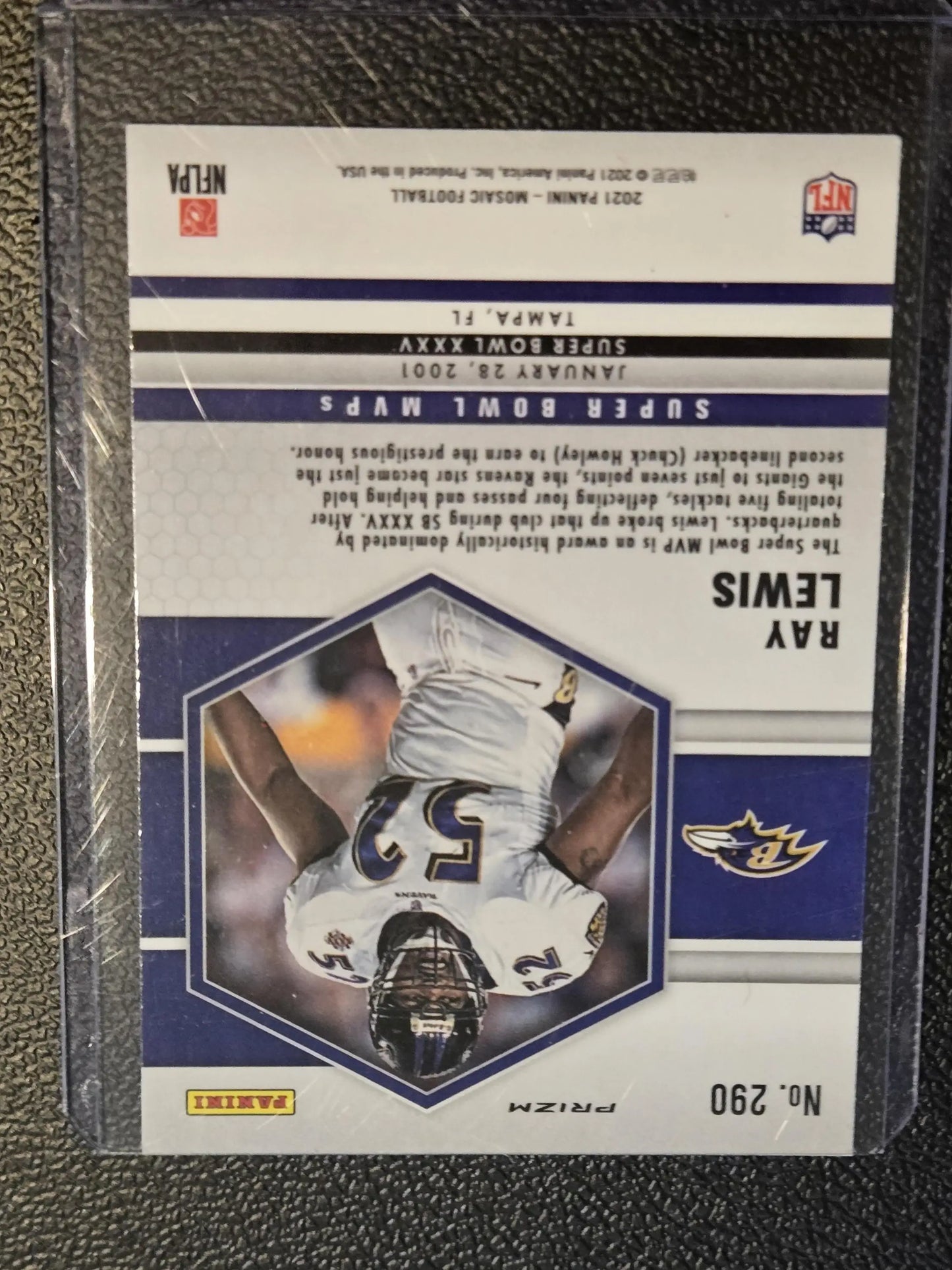 Ray Lewis Prizm Super Bowl XXXV MVP football trading card in 2021 Panini Mosaic Lewis Prizm Reactive Blue