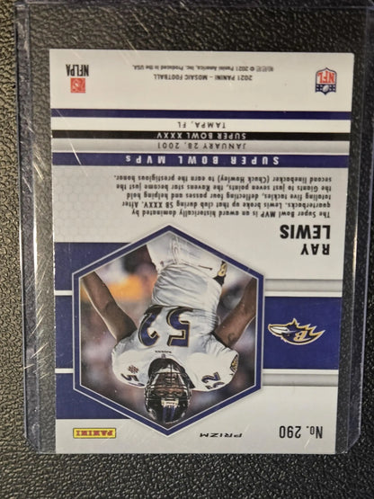 Ray Lewis Prizm Super Bowl XXXV MVP football trading card in 2021 Panini Mosaic Lewis Prizm Reactive Blue