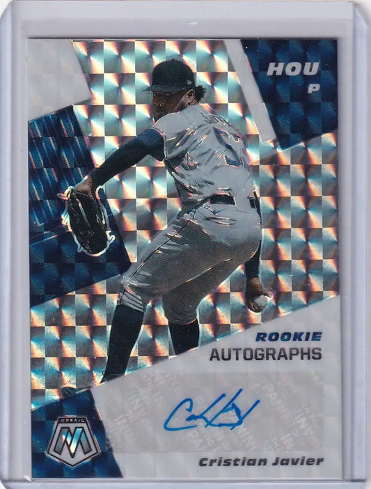 Baseball trading card of Christian Javier, Panini Mosaic Prizm Auto with holographic background