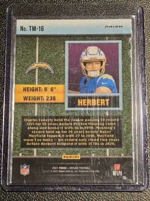 Justin Herbert Herbet Touchdown Masters football card from 2021 Panini Mosaic Green