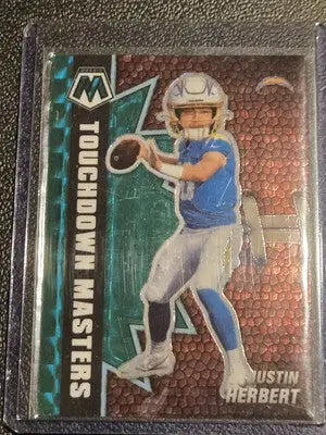 Justin Herbert Herbet Touchdown Masters football card from 2021 Panini Mosaic Green