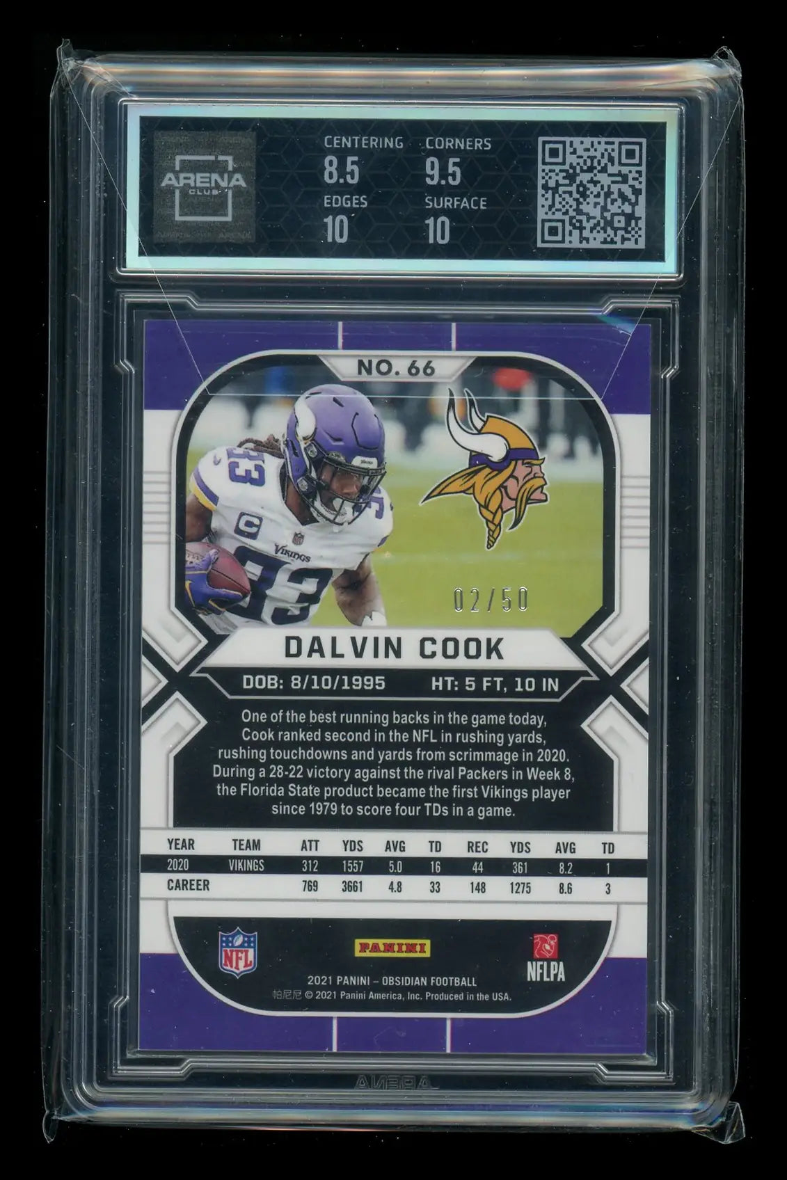 Graded Dalvin Cook football card from 2021 Panini Obsidian Electric Etch Green series