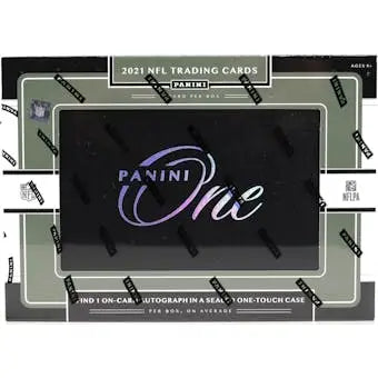 Image of 2021 Panini One NFL trading card box featuring premium rookie patch autographs