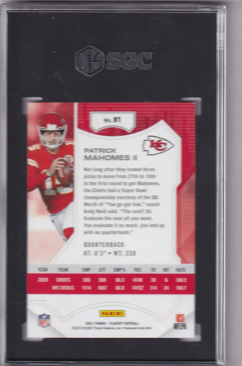 Graded Patrick Mahomes SGC 9.5 football card from 2021 Panini Playoff, Kansas City Chiefs