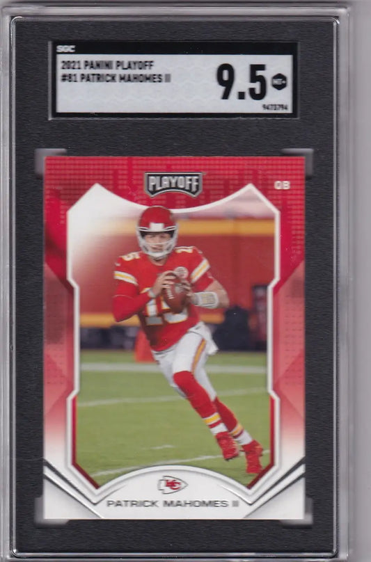 Graded Patrick Mahomes SGC 9.5 football card from 2021 Panini Playoff, Kansas City Chiefs