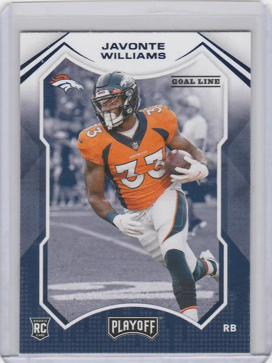 Football trading card of Javonte Williams Denver Broncos in orange jersey running the ball