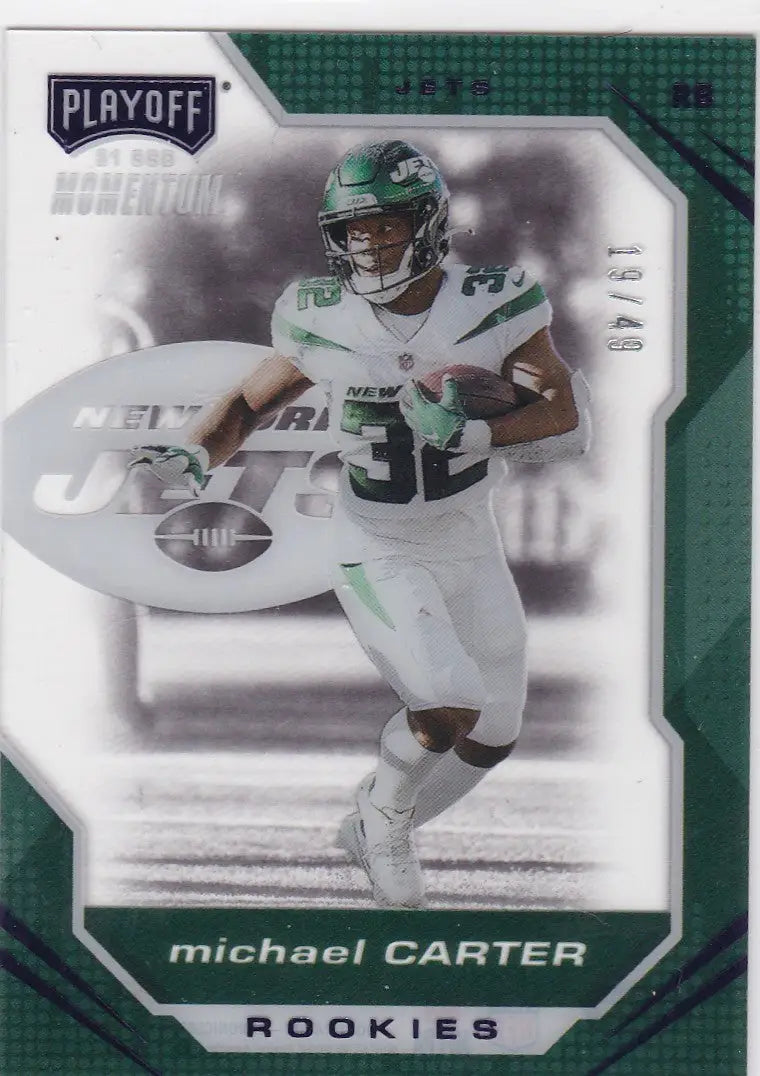 Michael Carter clear rookie card from Panini Playoff 2021 Jets collection