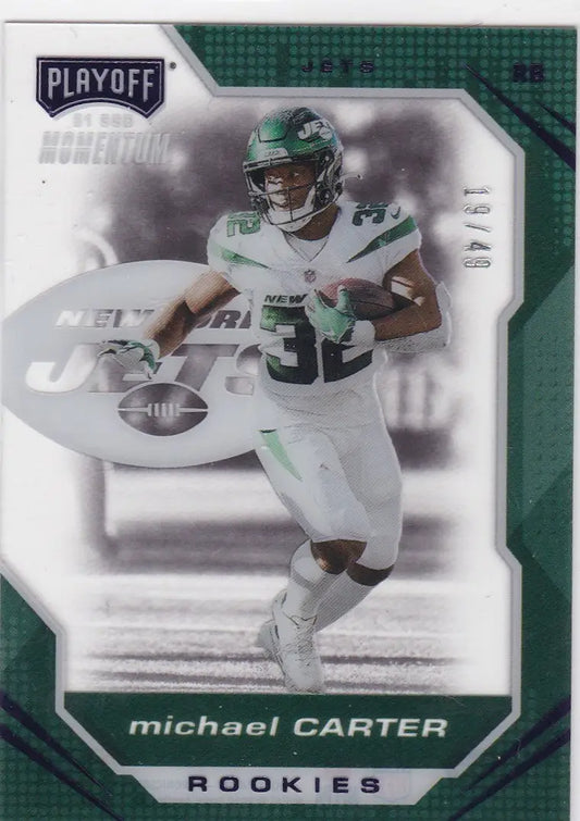 Michael Carter clear rookie card from Panini Playoff 2021 Jets collection