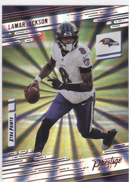Lamar Jackson XTRA Points Sunburst Baltimore Ravens trading card in action