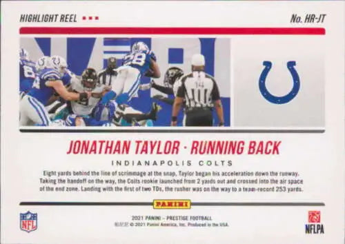 Jonathan Taylor football card featuring original gloss from 2021 Panini Prestige Highlight Reel