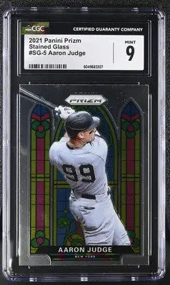 Graded 2021 Panini Prizm Aaron Judge stained glass baseball card CGC 9