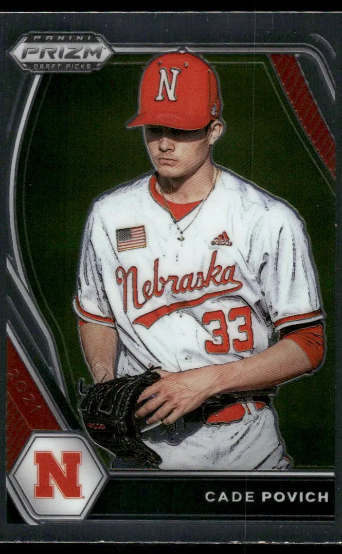 Baseball trading card featuring Cade Povich in Nebraska uniform from Panini Prizm Draft Picks