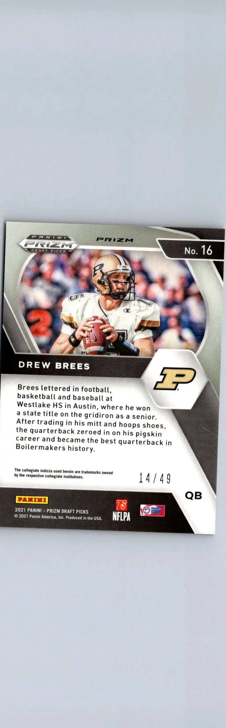 Drew Brees football card from 2021 Panini Prizm Draft Picks Collegiate series