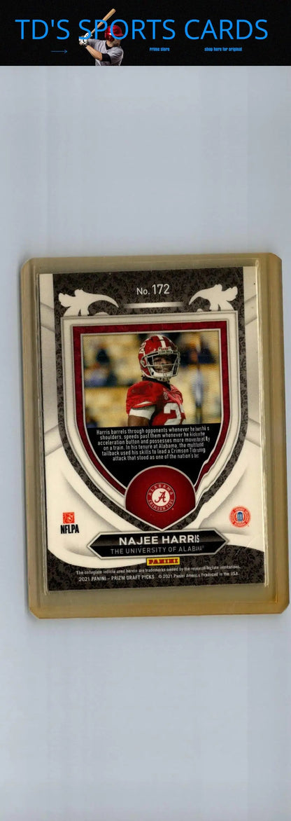 Najee Harris football card from 2021 Panini Prizm Draft Picks Collegiate series
