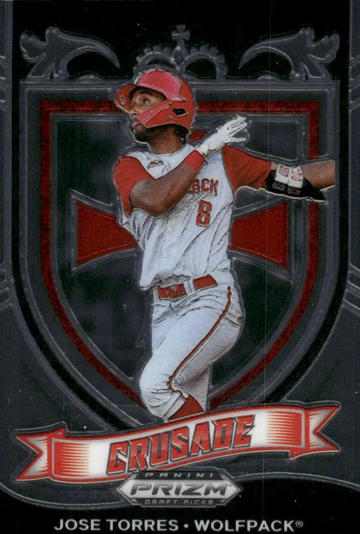 Baseball trading card featuring Jose Torres in a red helmet from 2021 Panini Prizm Draft Picks Crusade