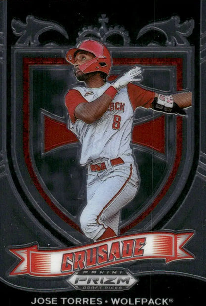 Baseball trading card featuring Jose Torres in a red helmet from 2021 Panini Prizm Draft Picks Crusade