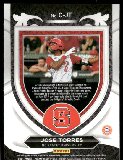 Baseball trading card of Jose Torres from 2021 Panini Prizm Draft Picks Crusade