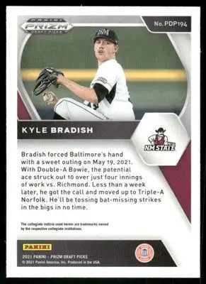Baseball card featuring Kyle Bradish from 2021 Panini Prizm Draft Picks series