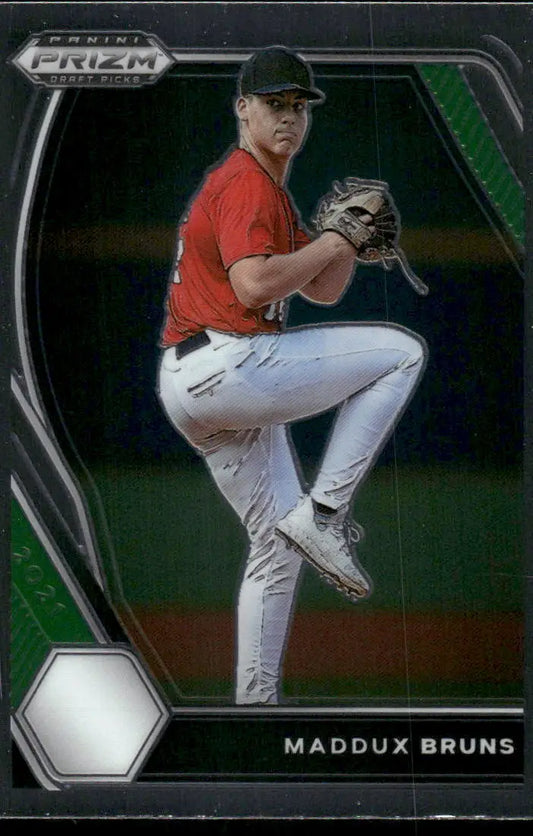 Baseball trading card featuring pitcher in red shirt and white pants from Panini Prizm Draft Picks Maddux