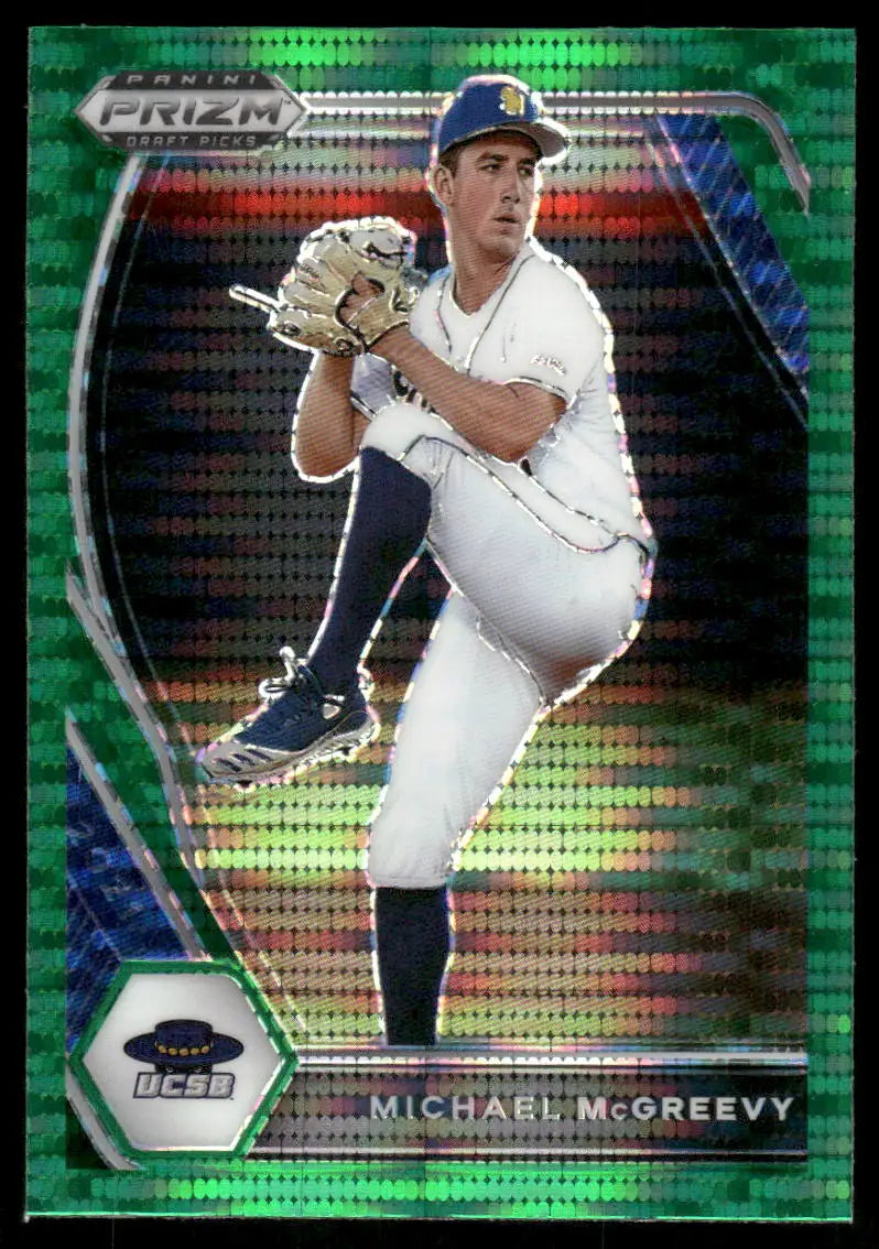 Collectible Panini Prizm Draft Picks Michael McGreevy baseball card featuring pitcher ready to throw