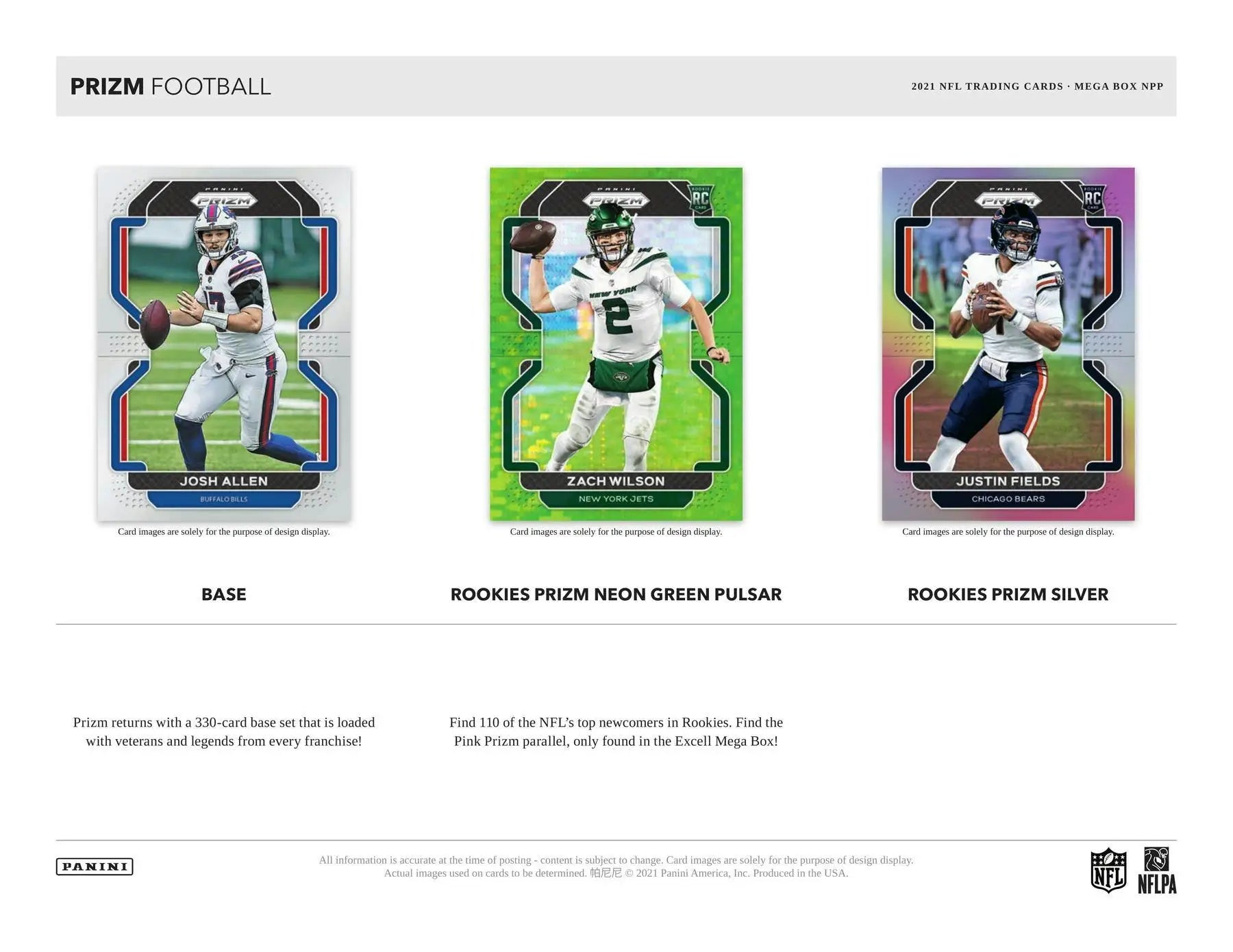 Three football trading cards featuring neon green and green pulsar designs in 2021 Panini Prizm Mega Box