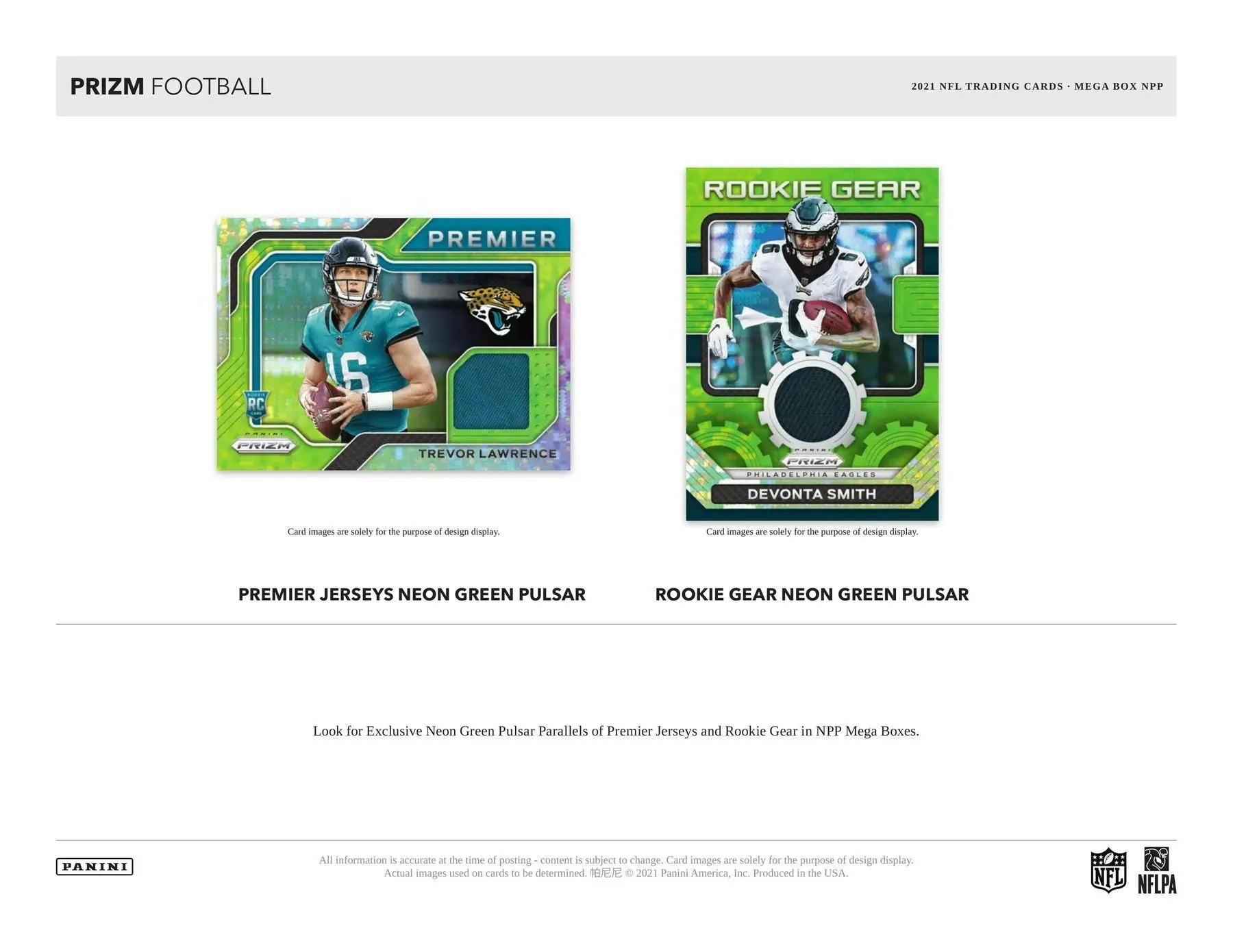 Two football trading cards from 2021 Panini Prizm Football Mega Box Neon Green Pulsar